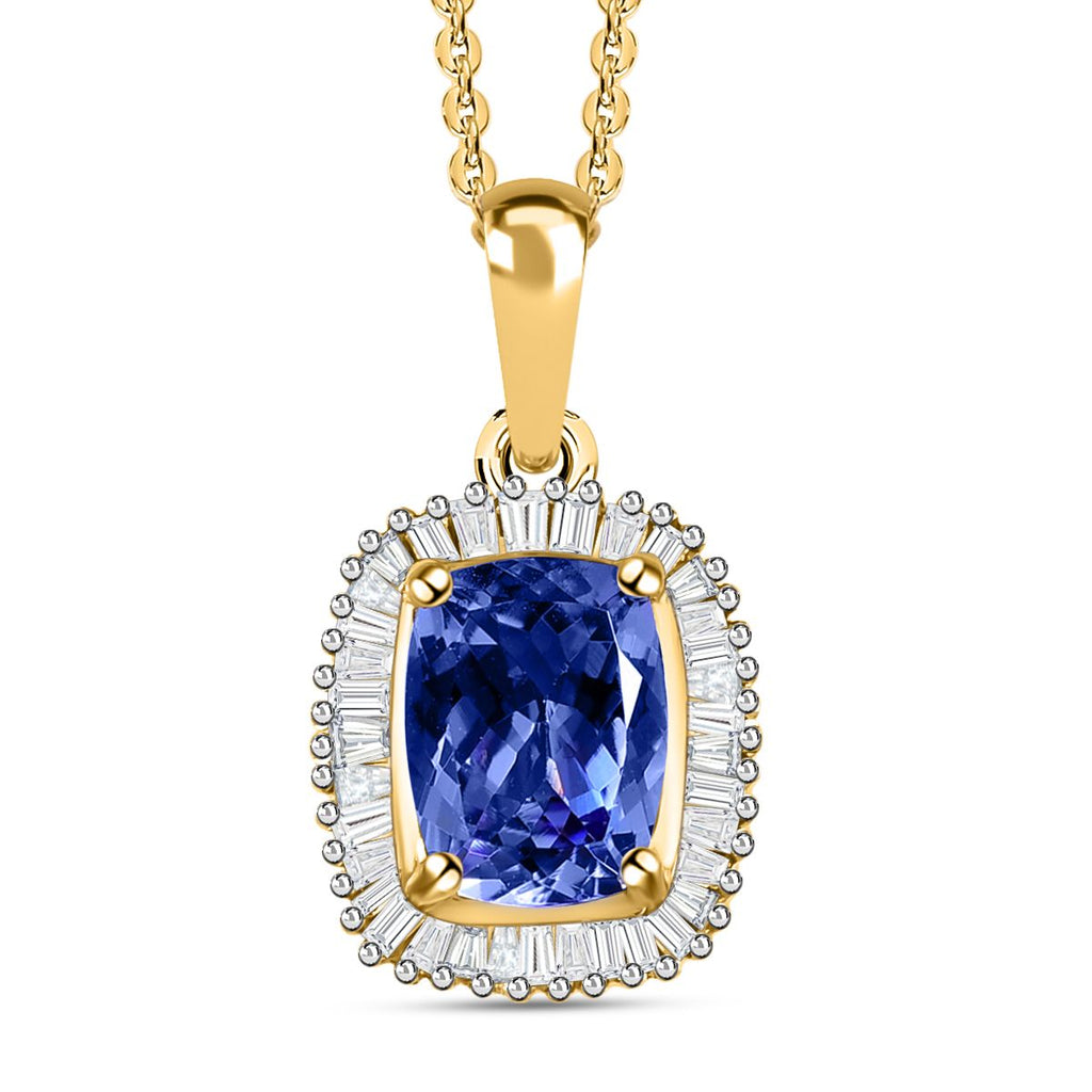 Tansanit und weißer Diamant-Anhänger mit Kette, 925 Silber Gelbgold Vermeil ca. 1,66 ct