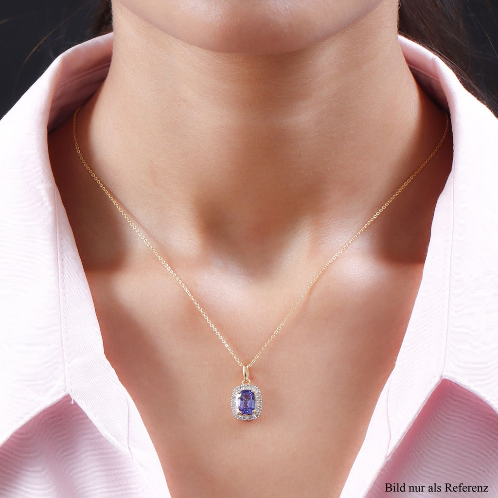Tansanit und weißer Diamant-Anhänger mit Kette, 925 Silber Gelbgold Vermeil ca. 1,66 ct