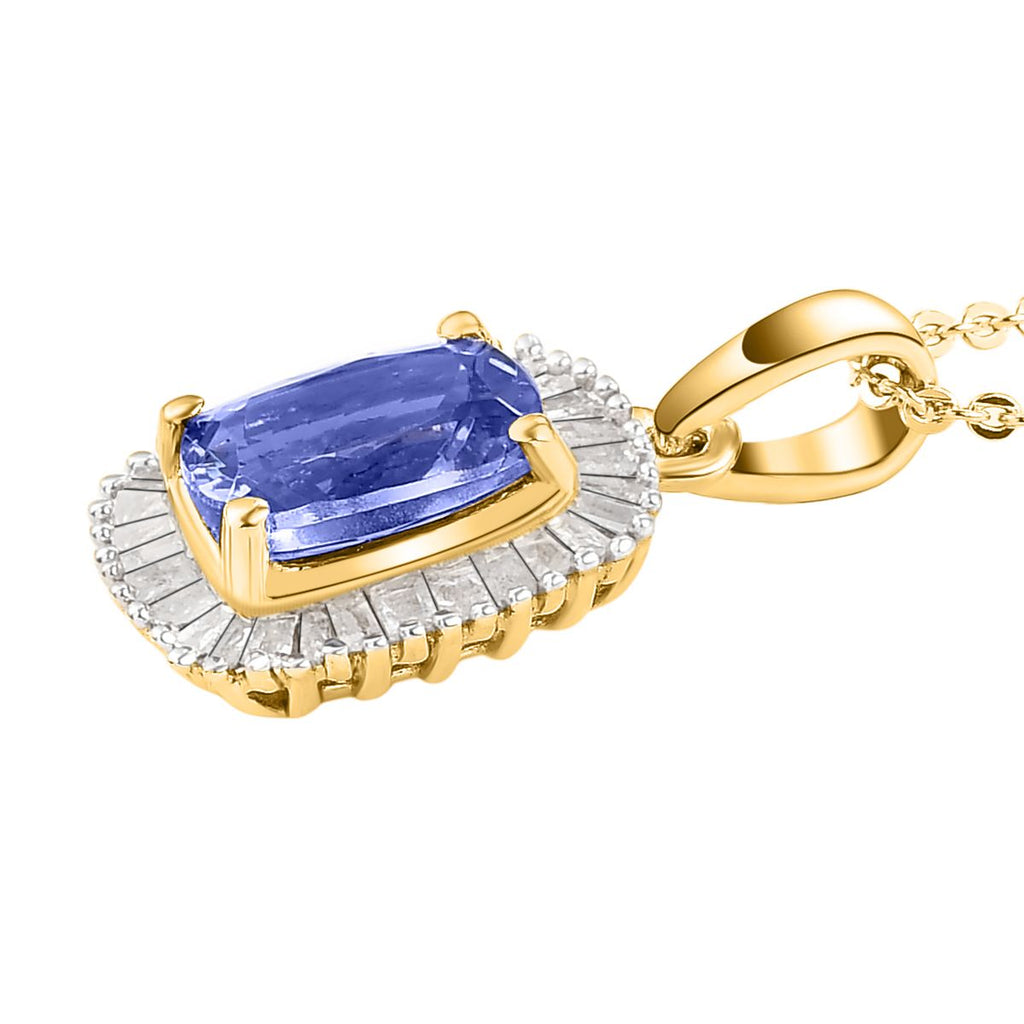 Tansanit und weißer Diamant-Anhänger mit Kette, 925 Silber Gelbgold Vermeil ca. 1,66 ct