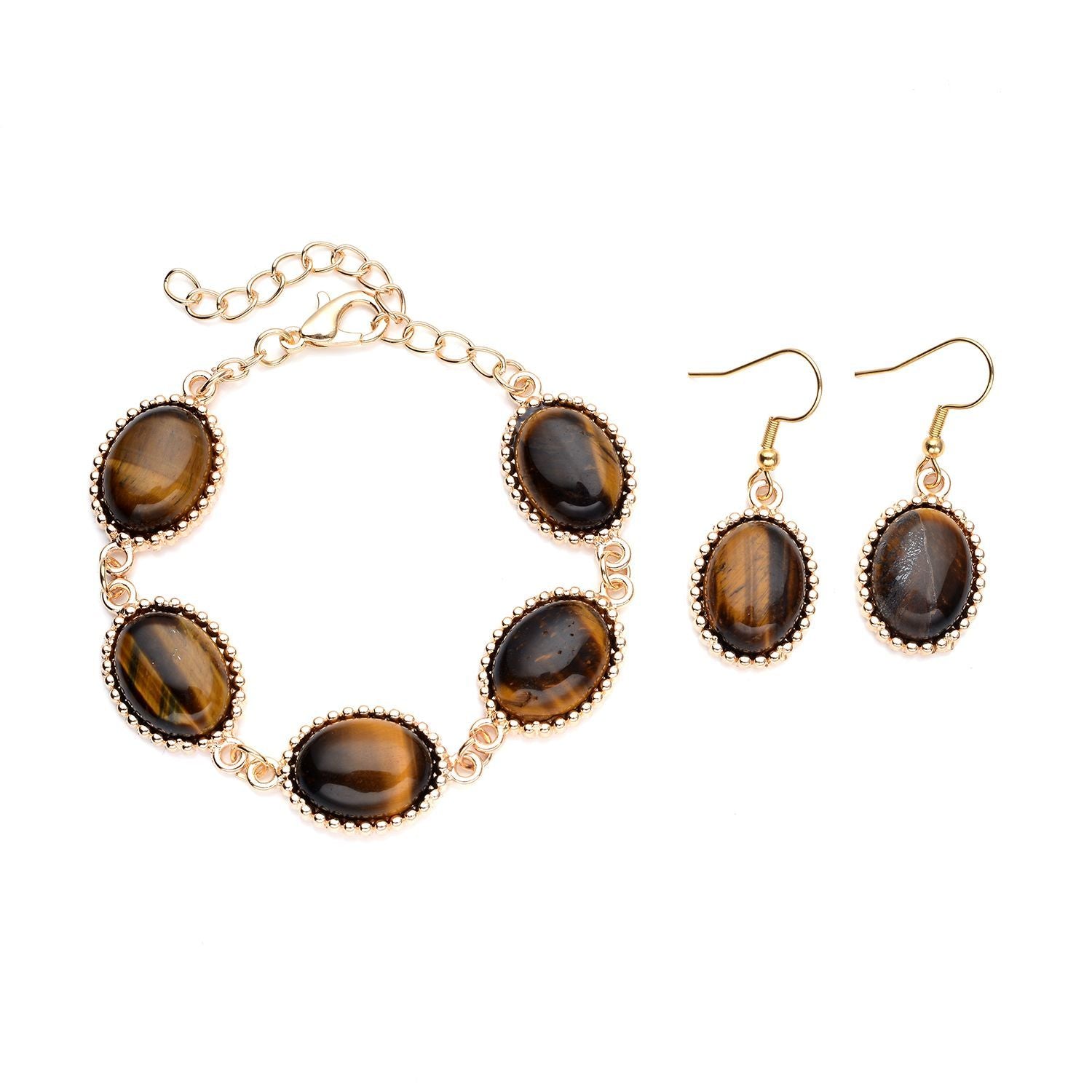 Gelbe Tigerauge-Ohrringe und Armband, reiner Edelstahl goldfarben ca. 95,00 ct