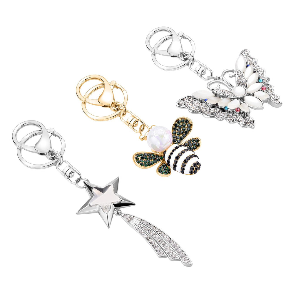 3er Set - mehrfarbige Kristall Sternschnuppe-, Biene- und Schmetterling-Schlüsselanhänger 26.60 ct