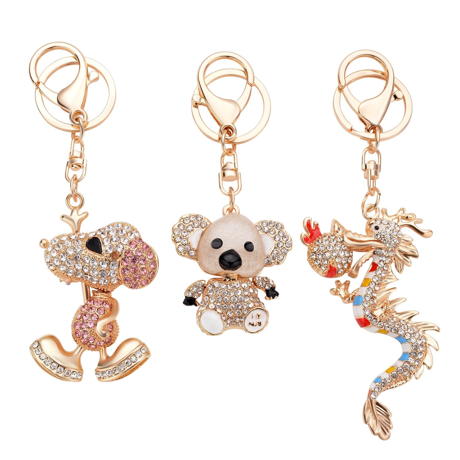 3er Set - mehrfarbige Kristall Hund-, Panda- und Drache-Schlüsselanhänger