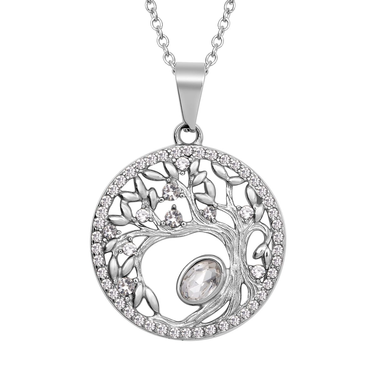 Weißer Kristall Lebensbaum -Anhänger mit Kette, 316L Edelstahl