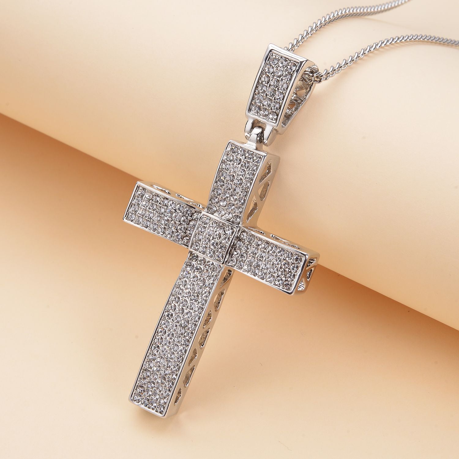 Weißer Kristall Kreuz-Anhänger mit Kette, silberfarben