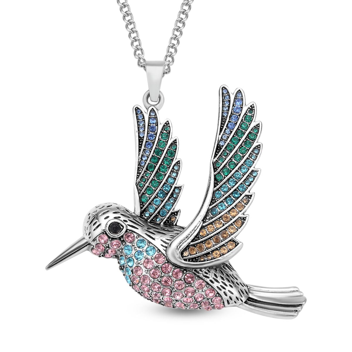 Kristall Kolibri-Anhänger mit Kette, silberfarben
