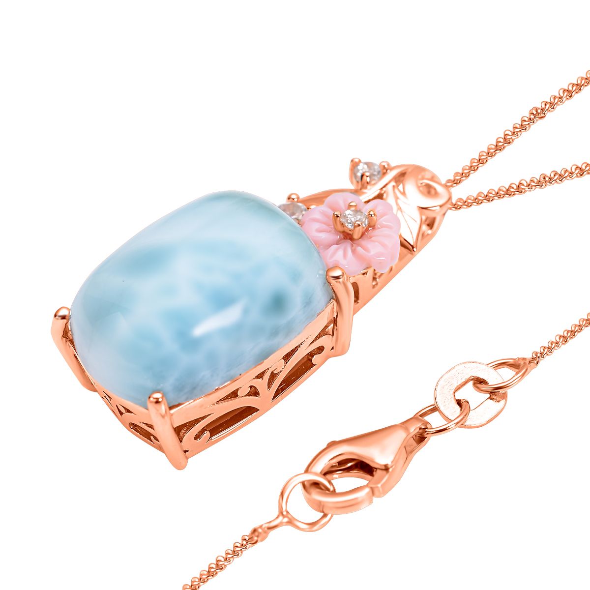 Jardin Kollektion - Larimar und rosa Perlmutt-Anhänger mit Kette, 925 Silber rosévergoldet ca. 10,39 ct