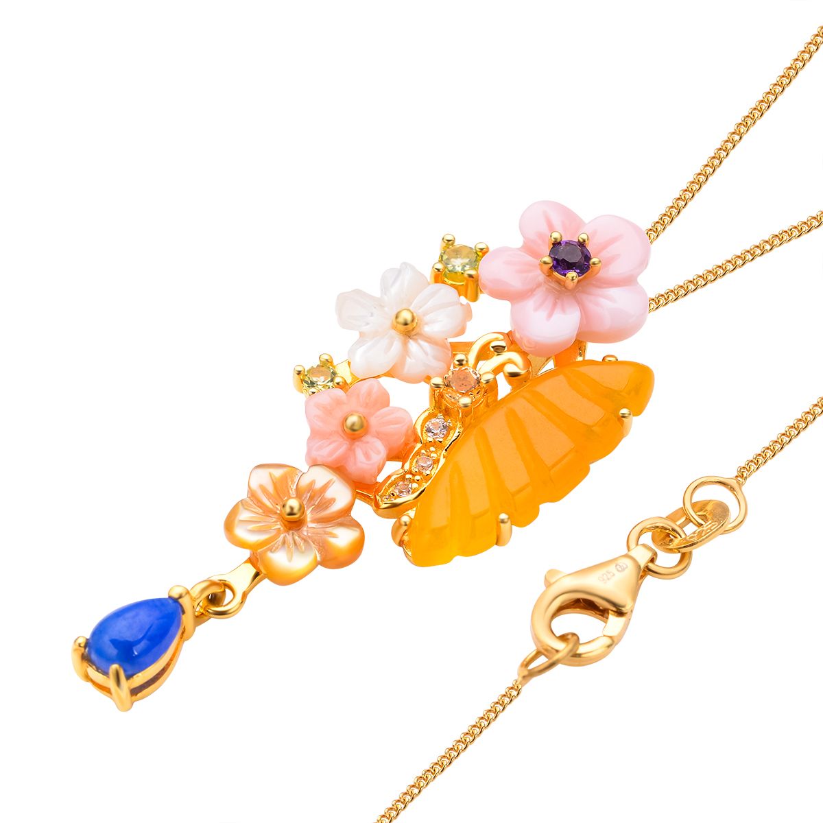 Jardin Kollektion - Gelber Jade und rosa Perlmutt-Anhänger mit Kette, 925 Silber Gelbgold Vermeil ca. 3.49 ct