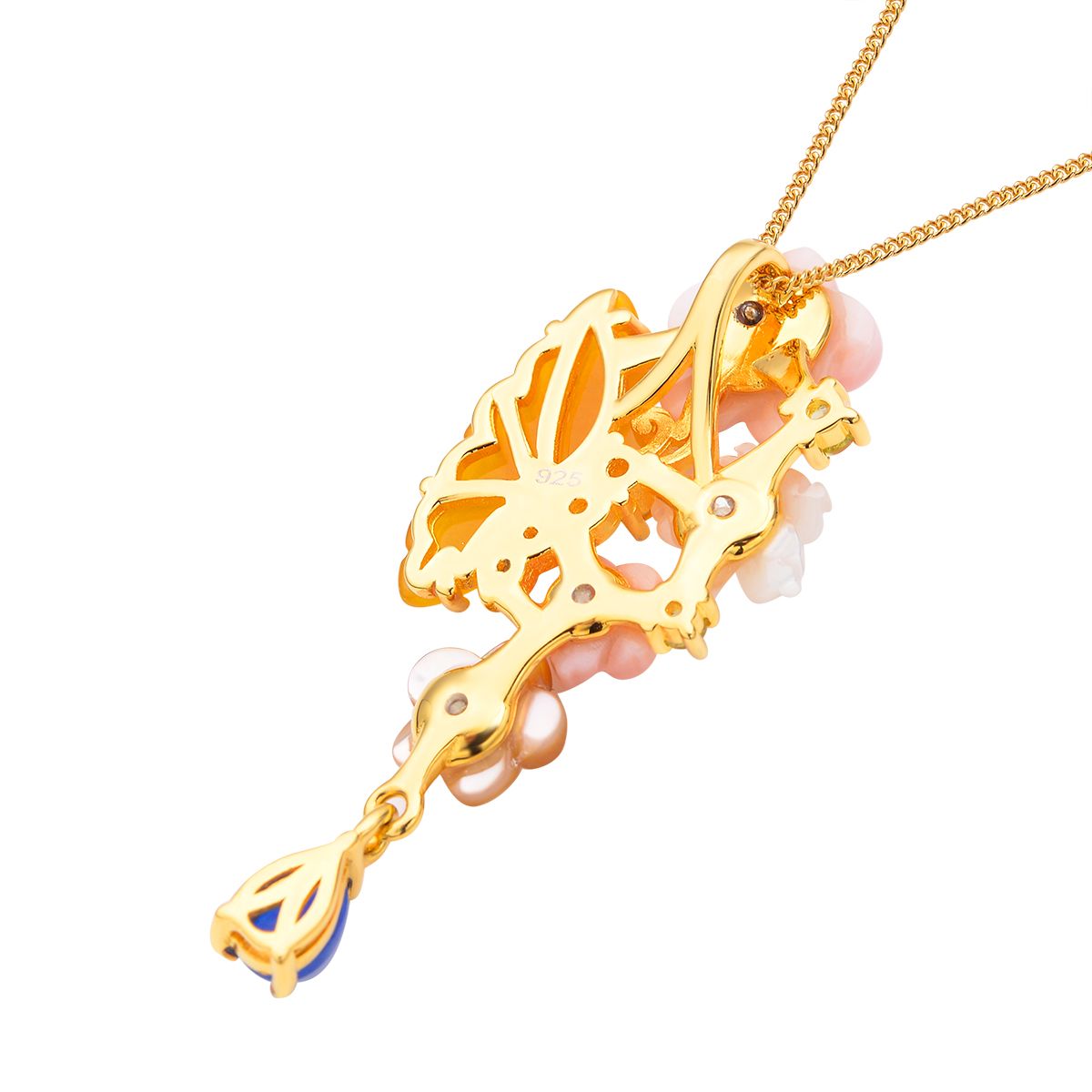 Jardin Kollektion - Gelber Jade und rosa Perlmutt-Anhänger mit Kette, 925 Silber Gelbgold Vermeil ca. 3.49 ct