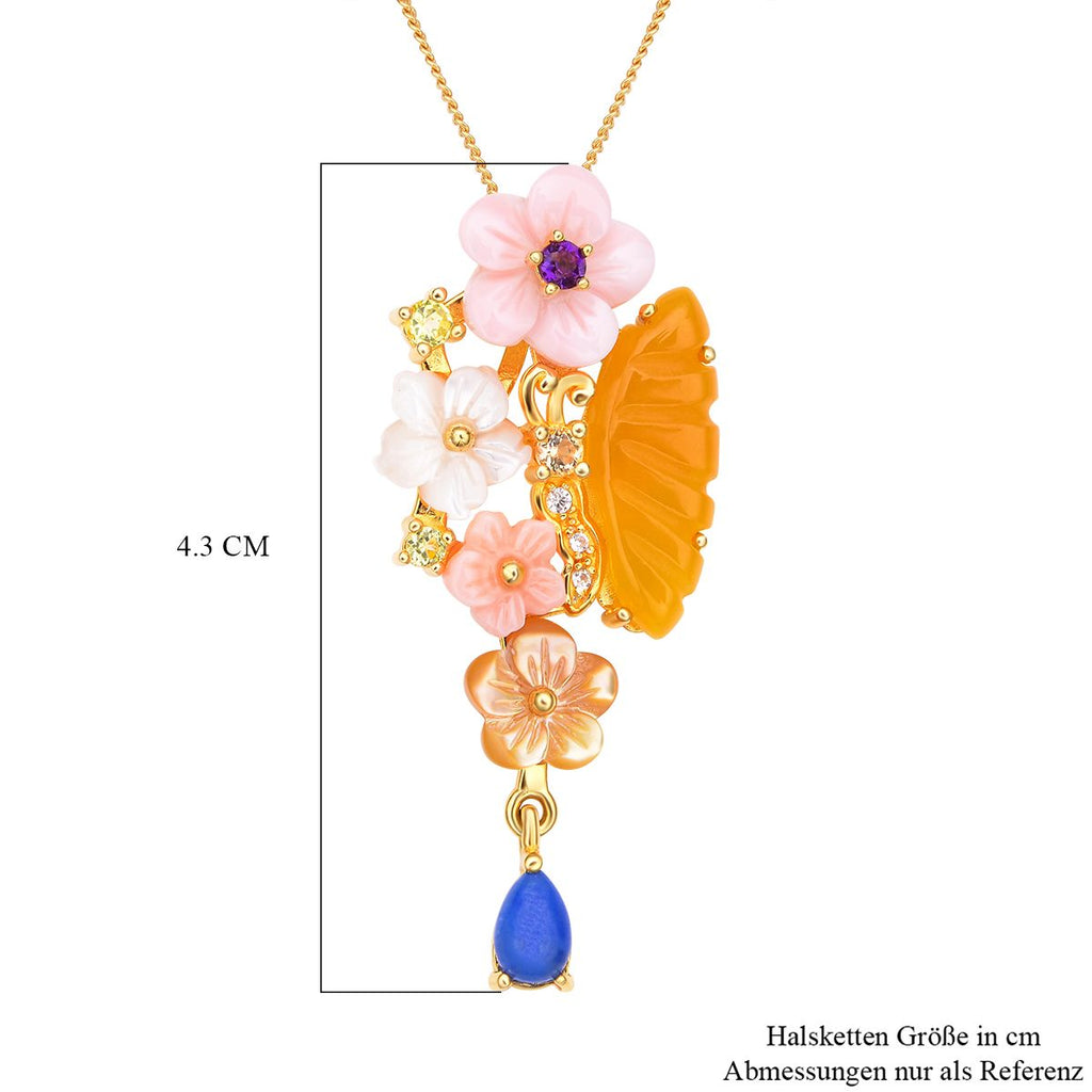 Jardin Kollektion - Gelber Jade und rosa Perlmutt-Anhänger mit Kette, 925 Silber Gelbgold Vermeil ca. 3.49 ct