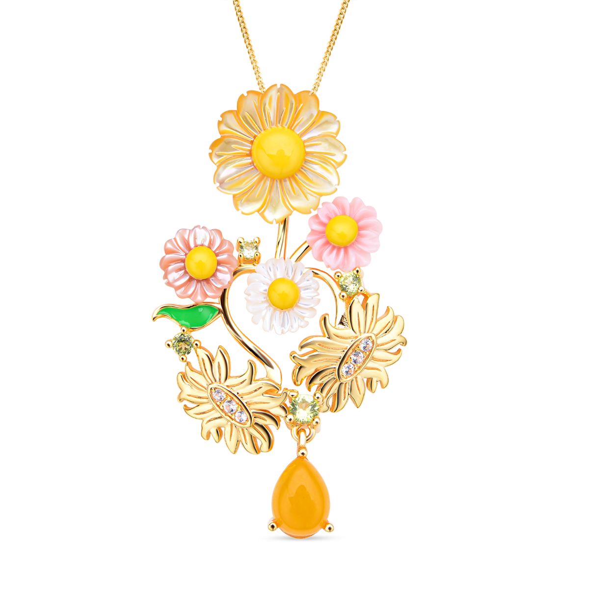Jardin Kollektion - Gelber Perlmutt und Jade-Anhänger mit Kette, 925 Silber Gelbgold Vermeil ca. 1,90 ct