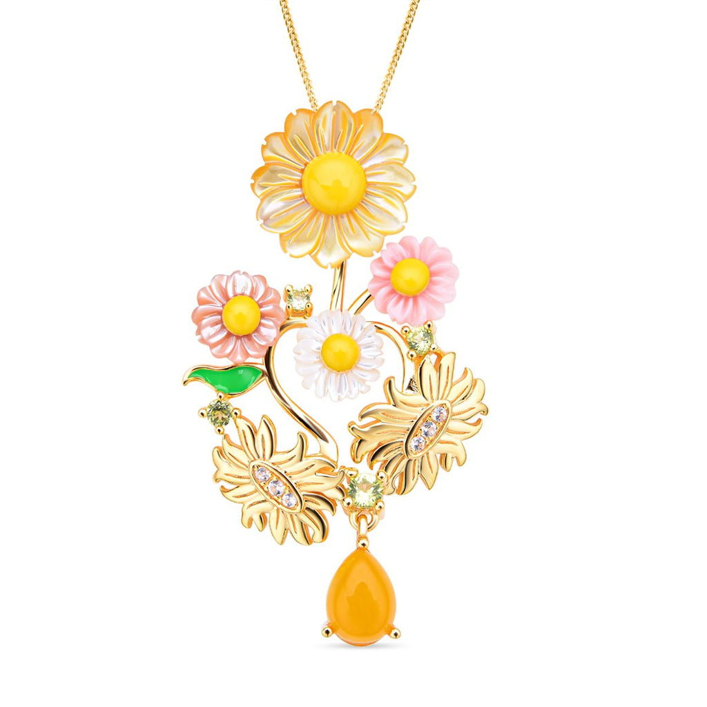 Jardin Kollektion - Gelber Perlmutt und Jade-Anhänger mit Kette, 925 Silber Gelbgold Vermeil ca. 1,90 ct