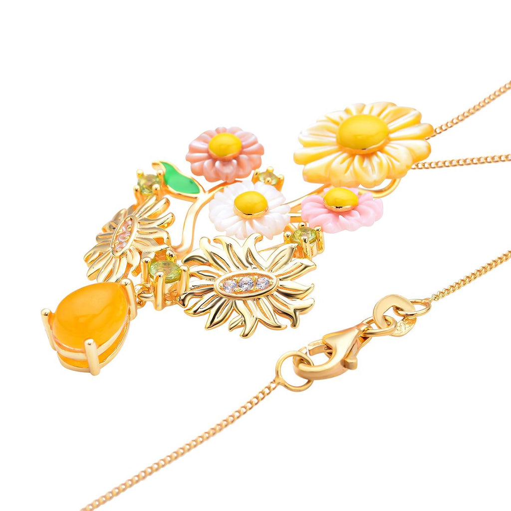 Jardin Kollektion - Gelber Perlmutt und Jade-Anhänger mit Kette, 925 Silber Gelbgold Vermeil ca. 1,90 ct