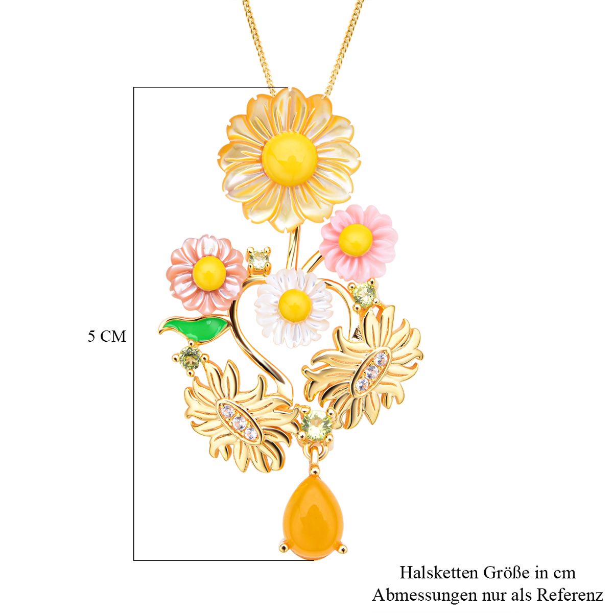 Jardin Kollektion - Gelber Perlmutt und Jade-Anhänger mit Kette, 925 Silber Gelbgold Vermeil ca. 1,90 ct