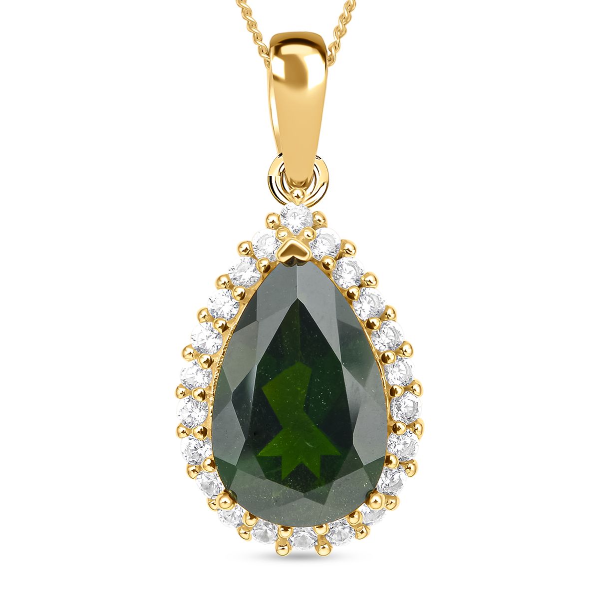 Natürlicher Chromdiopsid und weißer Zirkon-Anhänger mit Kette, 925 Silber Gelbgold Vermeil ca. 5.33 ct
