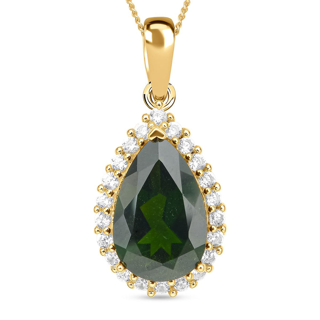 Natürlicher Chromdiopsid und weißer Zirkon-Anhänger mit Kette, 925 Silber Gelbgold Vermeil ca. 5.33 ct