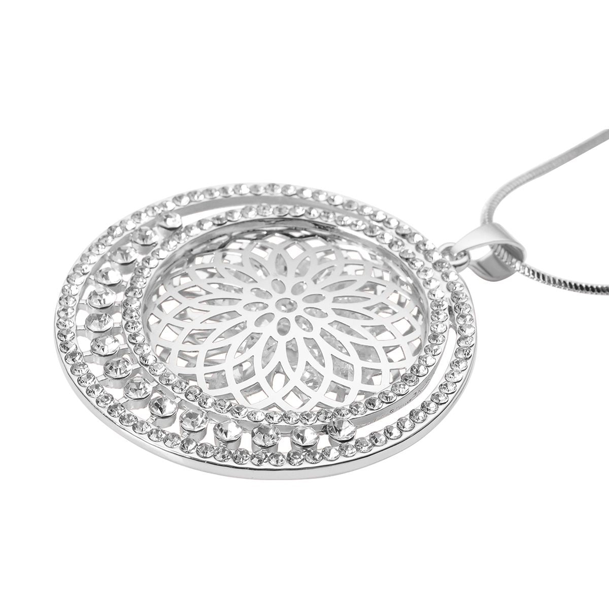 Weißer Kristall Mandala-Anhänger mit Kette, silberfarben