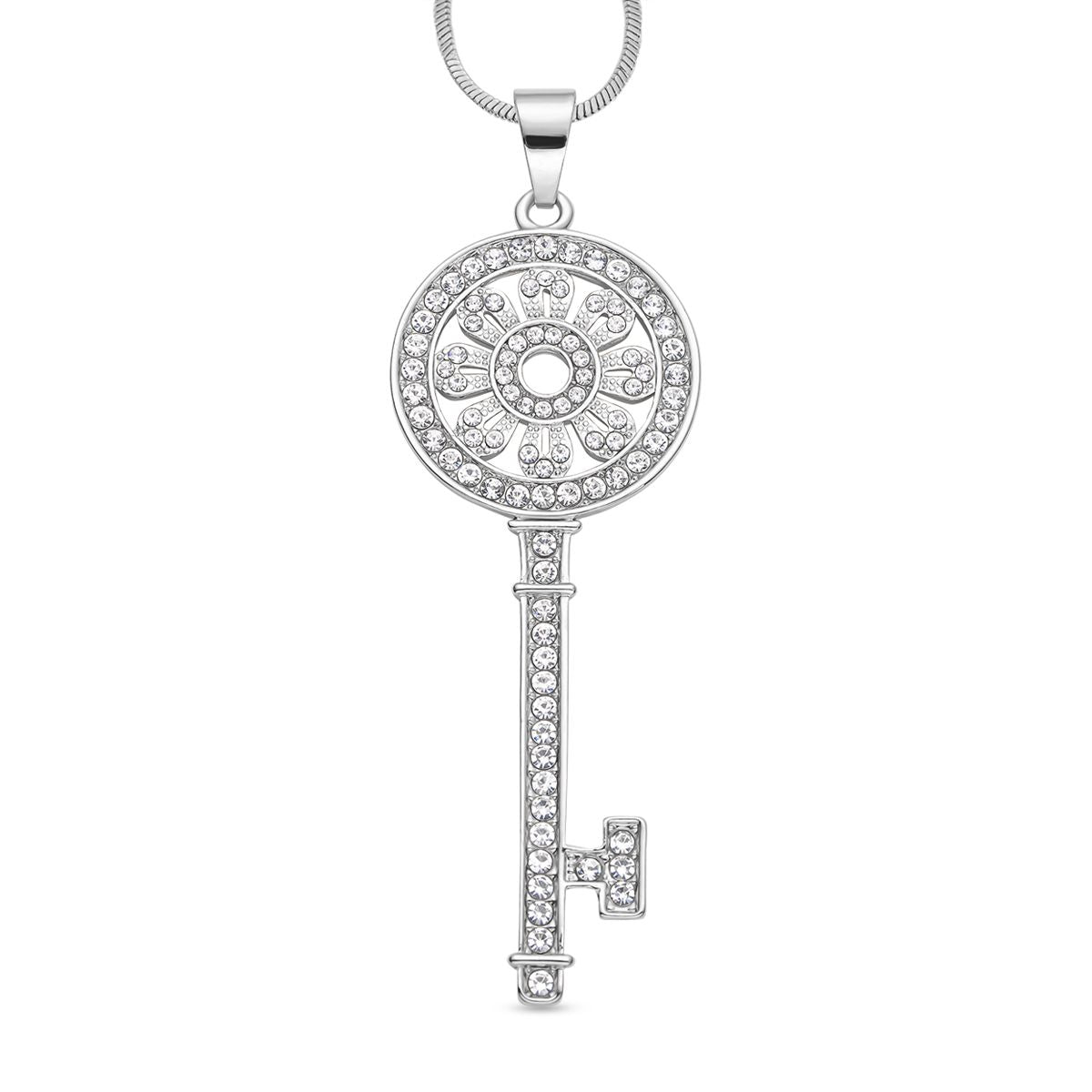 Weißer Kristall Schlüssel-Anhänger mit Kette, silberfarben
