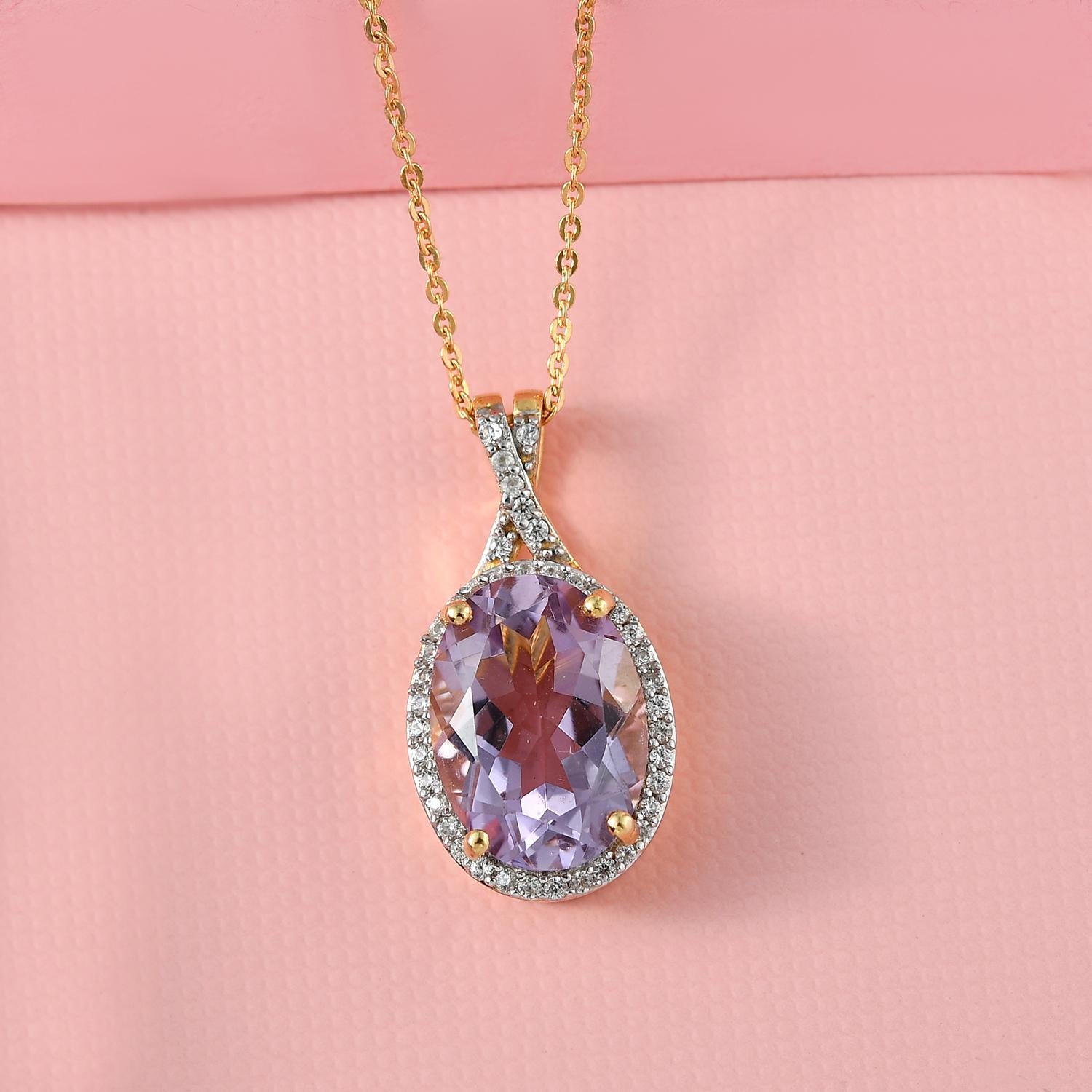 Rose de France Amethyst und weißer Zirkon Anhänger mit Kette, 925 Silber vergoldet ca. 5.86 ct