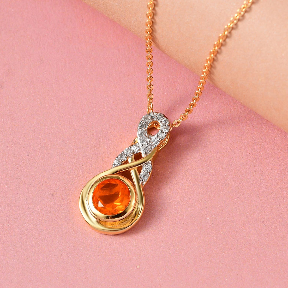 Salamanca Feueropal und weißer Zirkon-Anhänger mit Kette, 925 Silber vergoldet ca. 0,75 ct