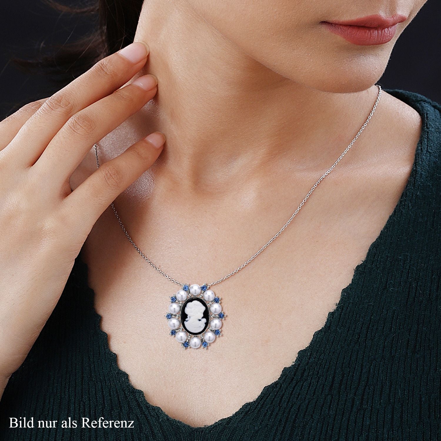 Kamee-Schmuck, Kunststoff Perlen Kette mit Anhänger, Silberfarben