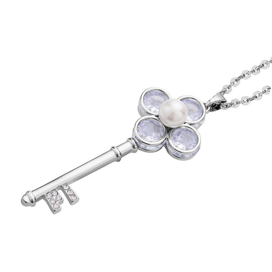 Weißer Zirkonia und weißer Kristall Schlüssel-Anhänger mit Kette, ca. 4.30 ct