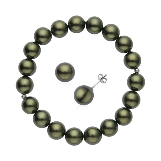 Goldenes Muschelkernperlen-Armband und Ohrringe, 925 Silber rhodiniert