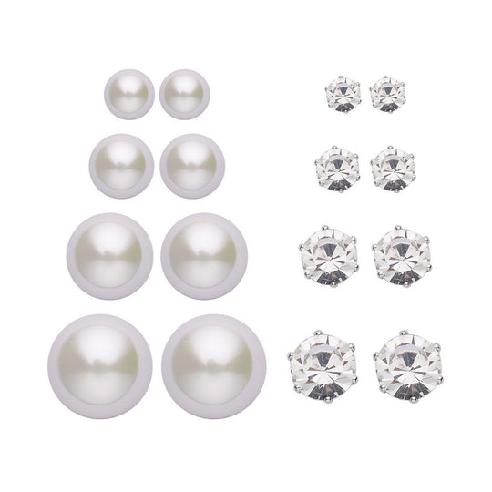 9er-Set - weiße Muschelkernperle Ohrringe und Kristall Ohrringe und Armband, Messing und Edelstahl