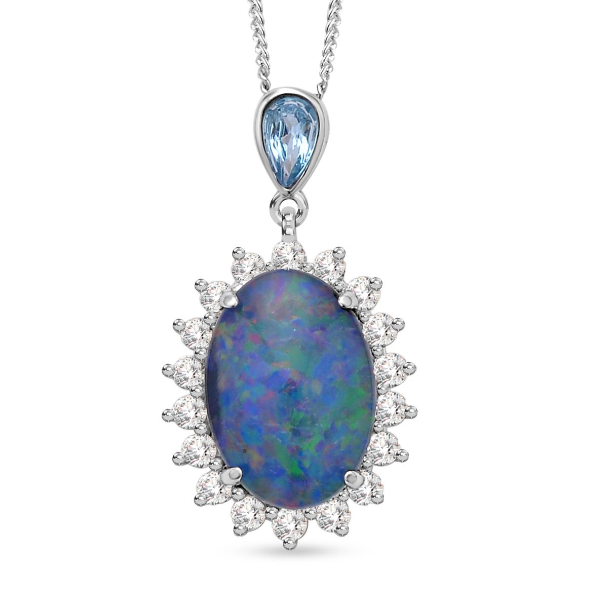 Boulder Opal Triplette und schweizer Blautopas Anhänger mit Kette, 925 Silber rhodiniert ca. 4.53 ct