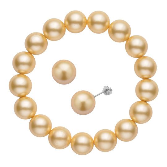 Goldenes Muschelkernperlen-Armband und Ohrringe, 925 Silber rhodiniert