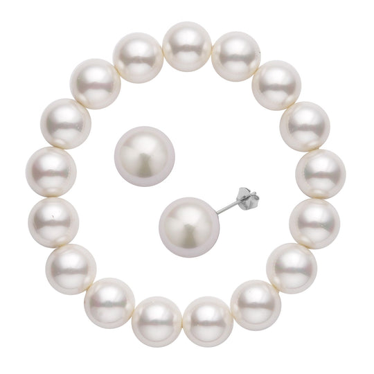 Goldenes Muschelkernperlen-Armband und Ohrringe, 925 Silber rhodiniert