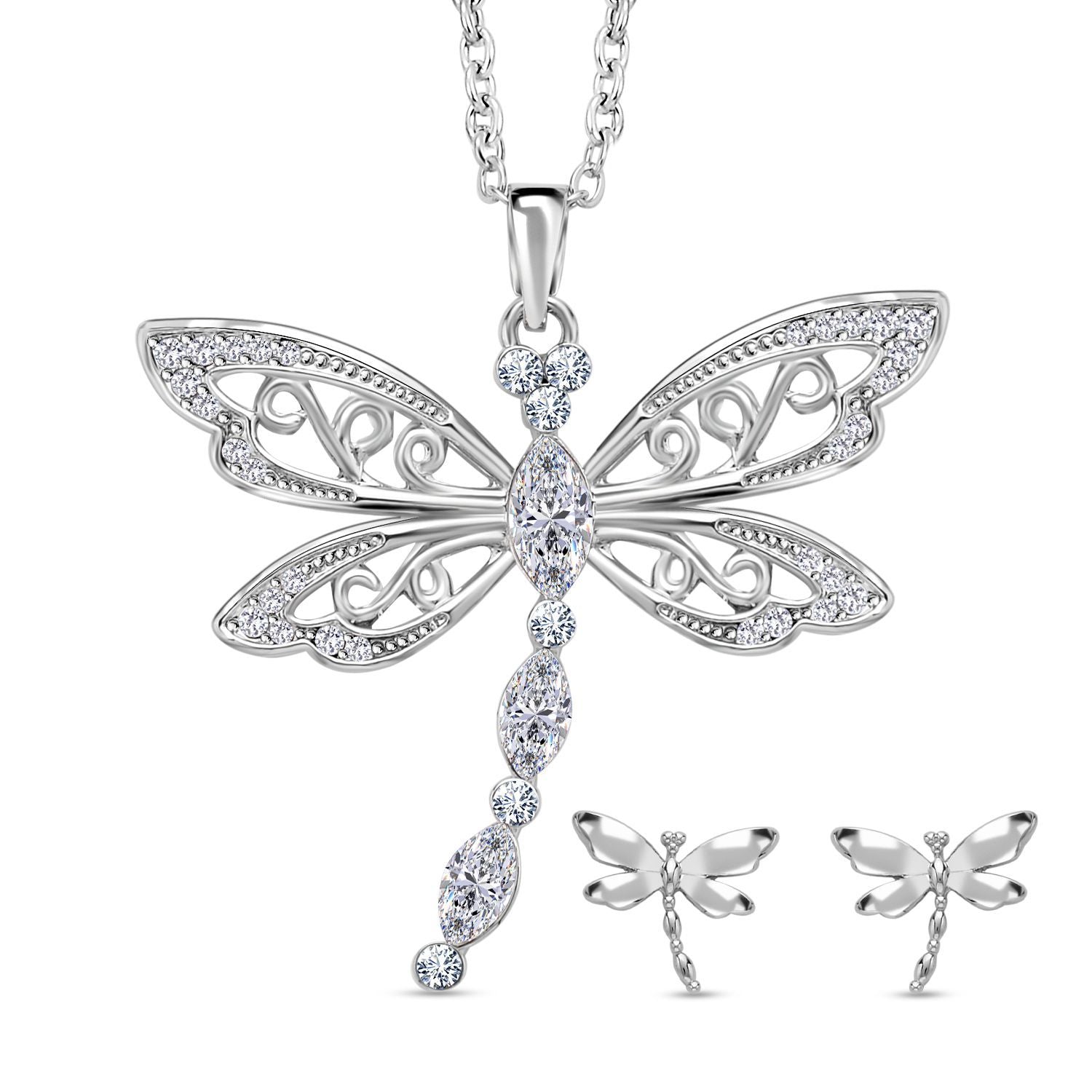 2er Set - Libelle Kristall-Anhänger mit Kette und Ohrringen, silberfarben