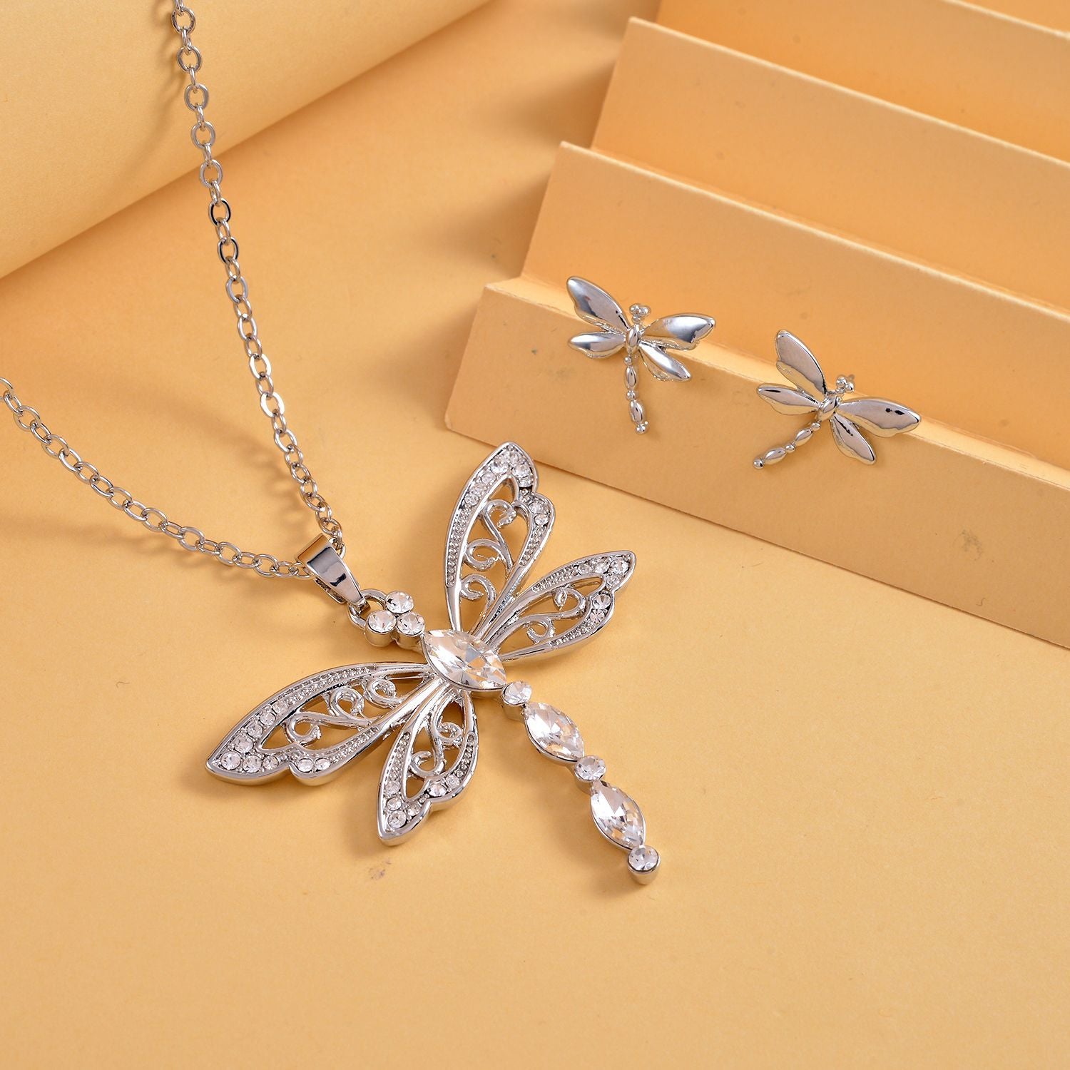 2er Set - Libelle Kristall-Anhänger mit Kette und Ohrringen, silberfarben