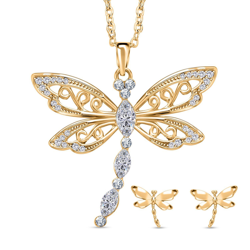 2er Set - Libelle Kristall-Anhänger mit Kette und Ohrringen, goldfarben