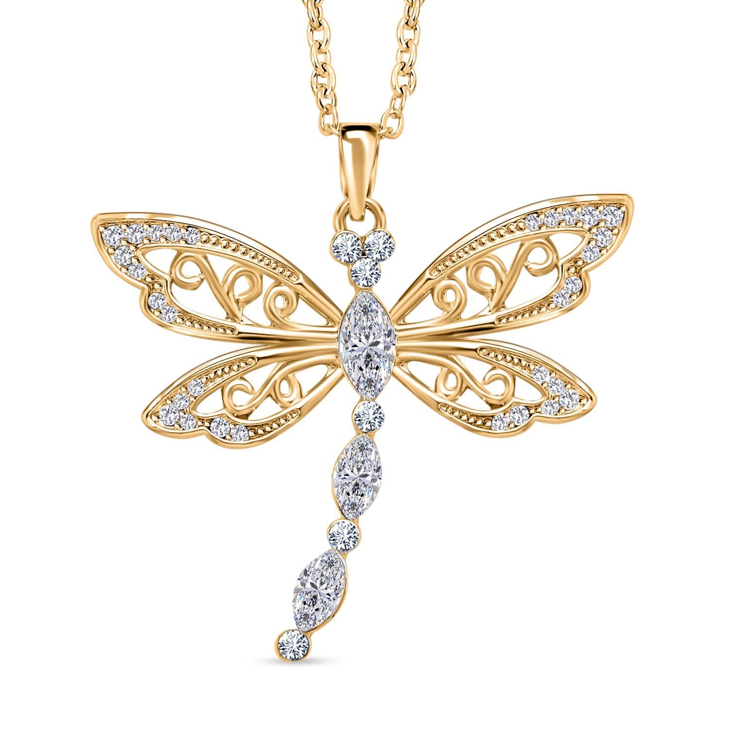 2er Set - Libelle Kristall-Anhänger mit Kette und Ohrringen, goldfarben