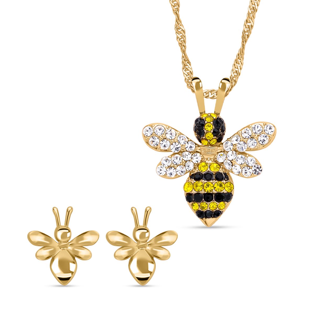 Mehrfarbige Kristall Bienen-Kette und Ohrringe, goldfarben
