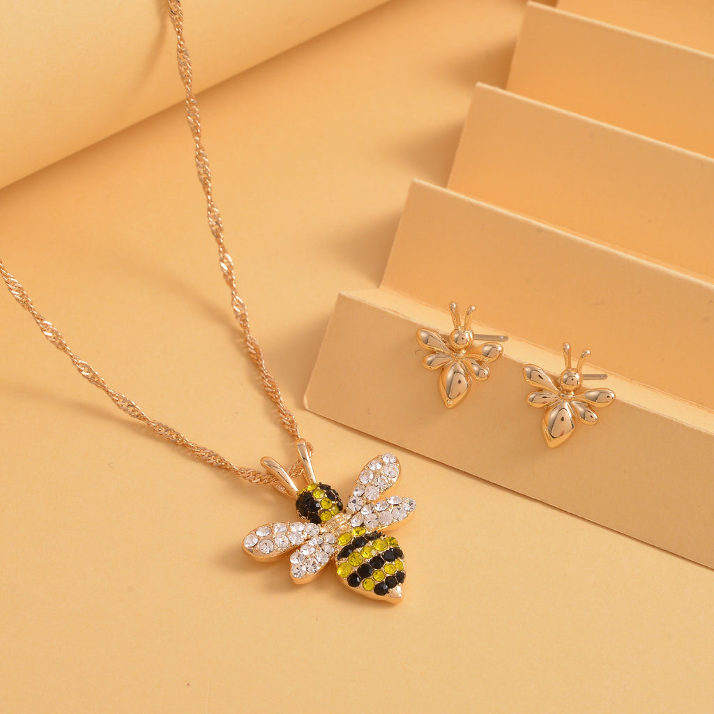 Mehrfarbige Kristall Bienen-Kette und Ohrringe, goldfarben
