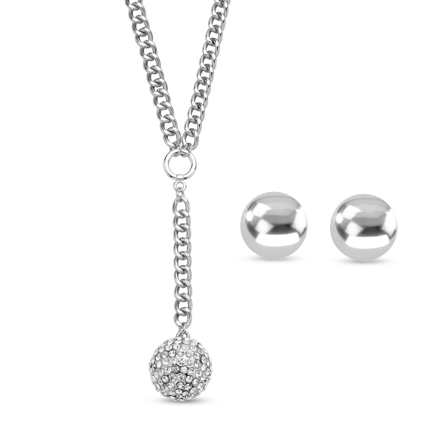 2er Set - Weißes Kristall-Collier und Ohrstecker, ca. 50 cm, silberfarben