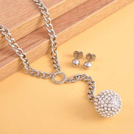 2er Set - Weißes Kristall-Collier und Ohrstecker, ca. 50 cm, silberfarben