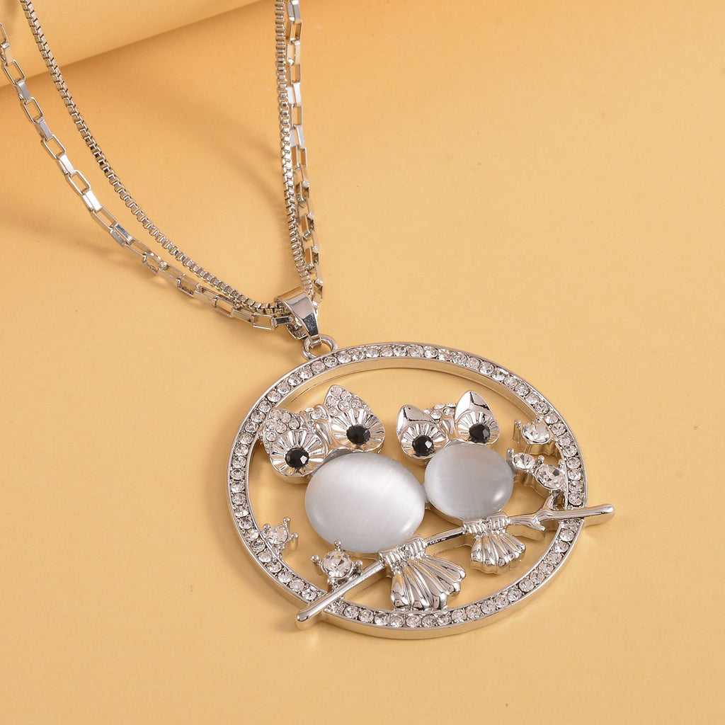Künstlicher Katzenauge und weißer Kristall Eulen-Anhänger mit Kette, goldfarben