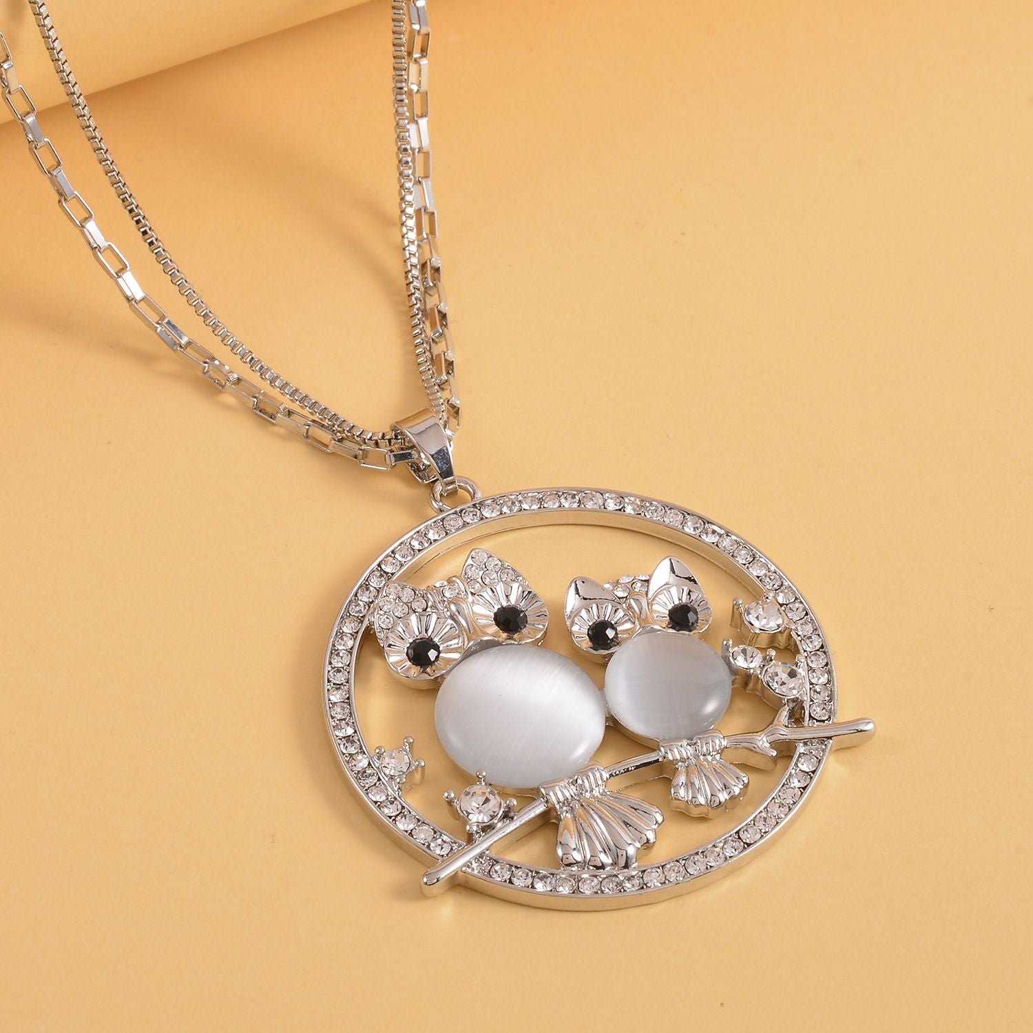 Künstlicher Katzenauge und weißer Kristall Eulen-Anhänger mit Kette, goldfarben
