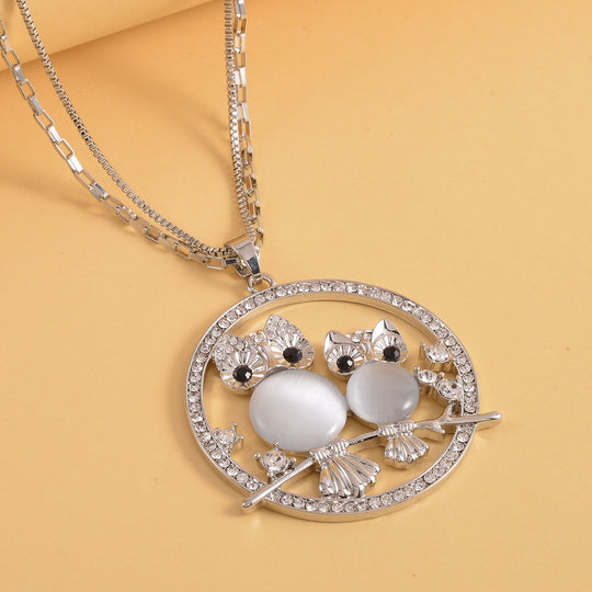 Künstlicher Katzenauge und weißer Kristall Eulen-Anhänger mit Kette, goldfarben