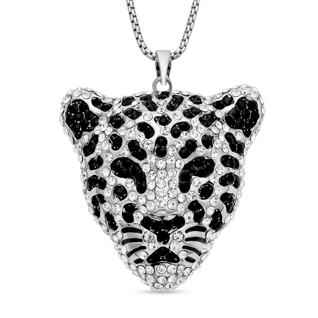 Weißer und schwarzer Kristall Leopard-Anhänger mit Kette, silberfarben