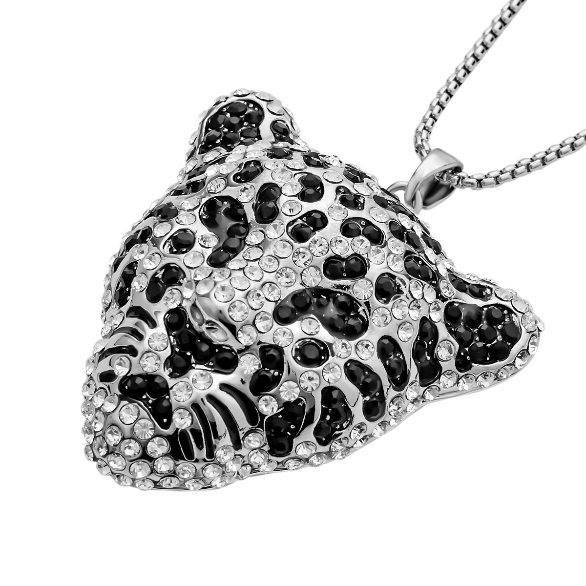 Weißer und schwarzer Kristall Leopard-Anhänger mit Kette, silberfarben