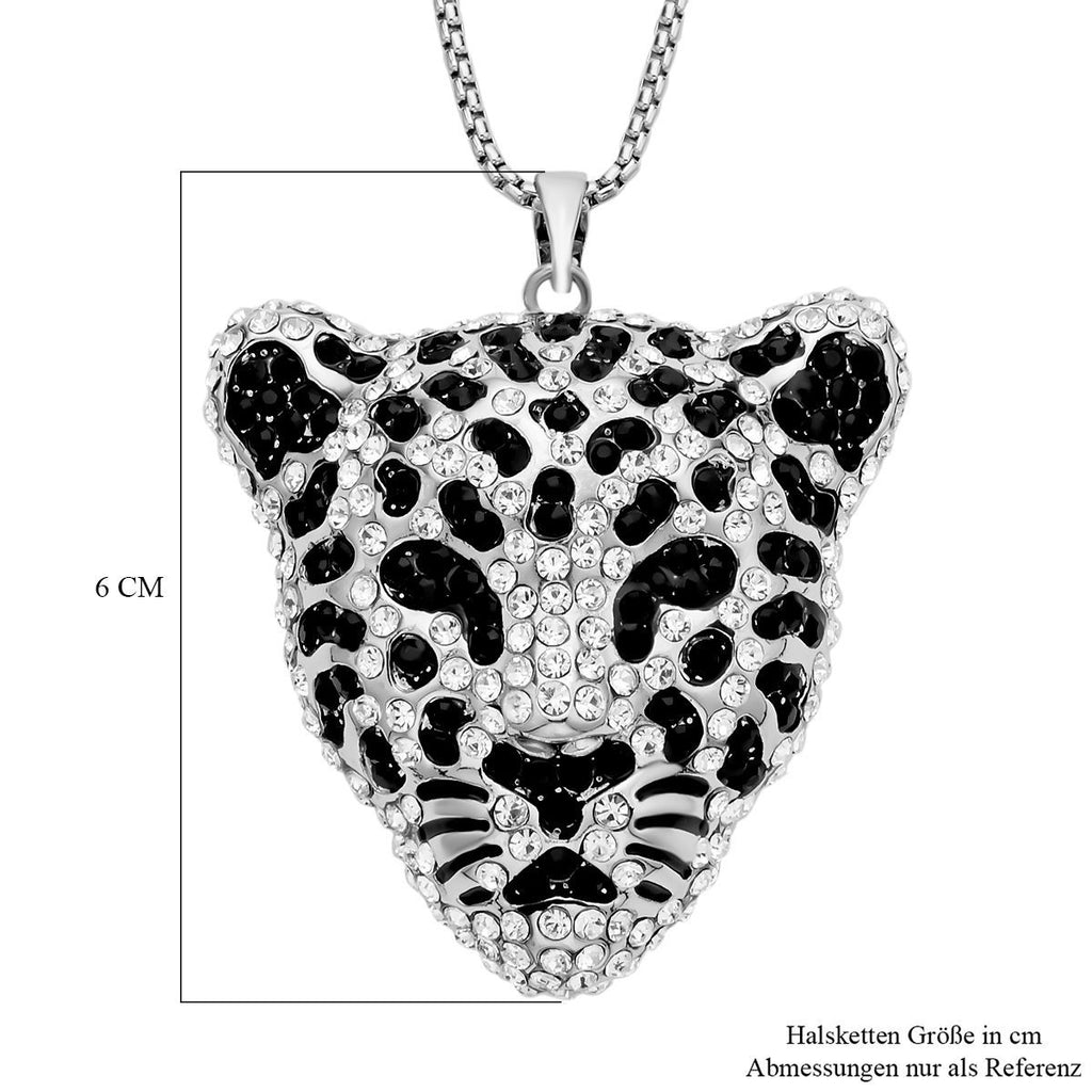 Weißer und schwarzer Kristall Leopard-Anhänger mit Kette, silberfarben