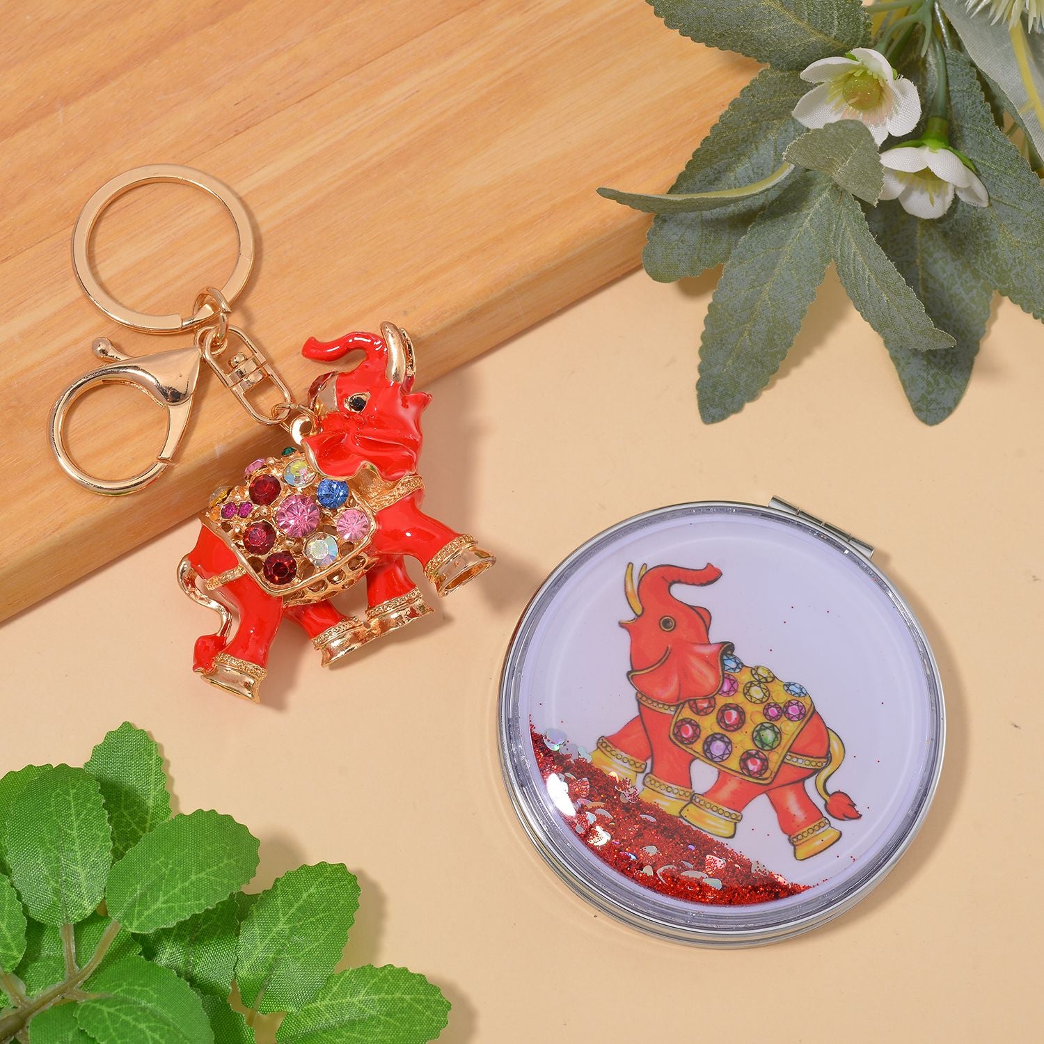 2er Set - Mehrfarbiger Kristall, Elefant-Set: Schlüsselanhänger und Spiegel, emailliert, goldfarben