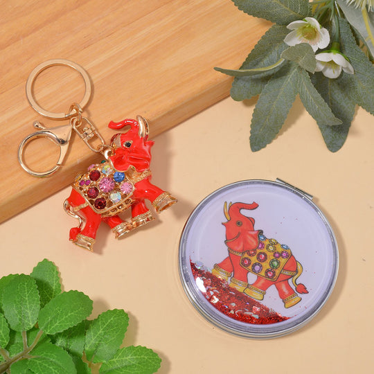2er Set - Mehrfarbiger Kristall, Elefant-Set: Schlüsselanhänger und Spiegel, emailliert, goldfarben