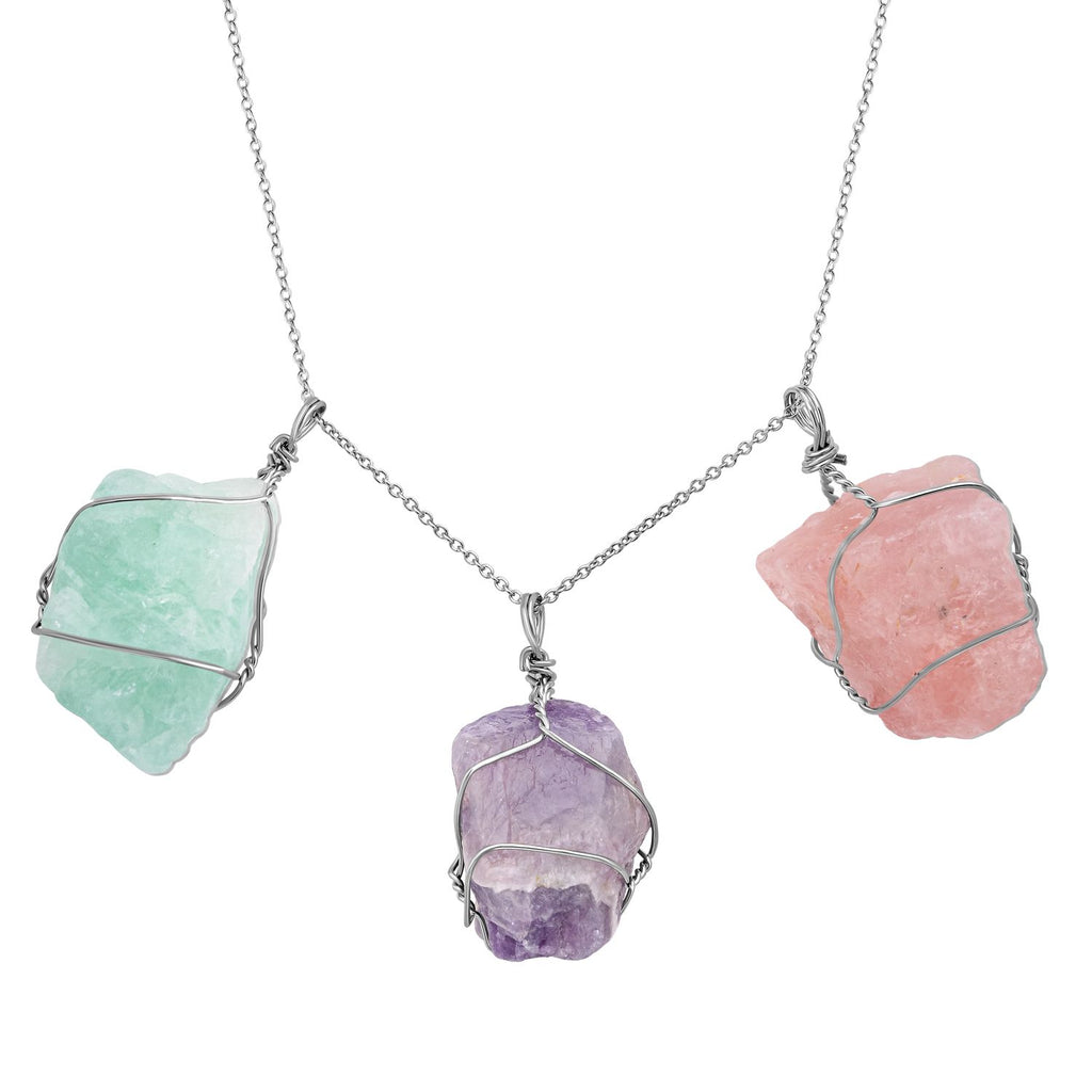 Grüner Fluorit, afrikanischer Amethyst und Rosenquarz Halskette, Messing und Edelstahl ca. 278,00 ct