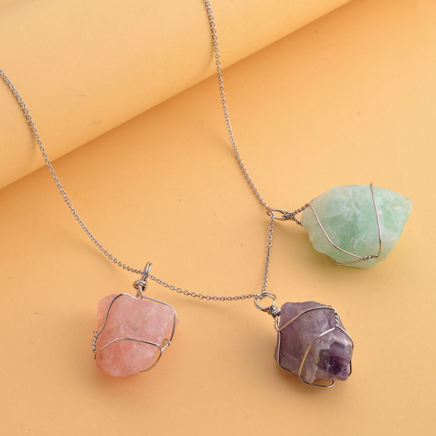 Grüner Fluorit, afrikanischer Amethyst und Rosenquarz Halskette, Messing und Edelstahl ca. 278,00 ct