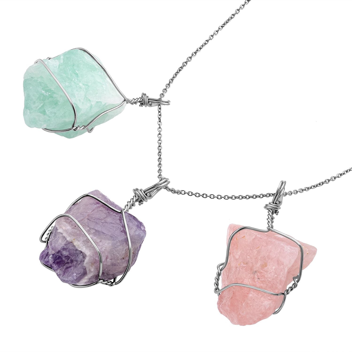 Grüner Fluorit, afrikanischer Amethyst und Rosenquarz Halskette, Messing und Edelstahl ca. 278,00 ct