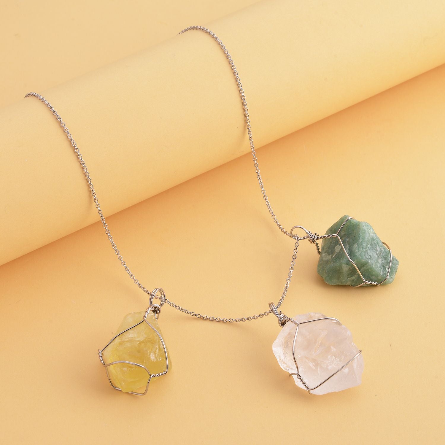 Citrin, grüne Aventurin und weiße Quarz Halskette, Messing und Edelstahl ca. 231.00 ct